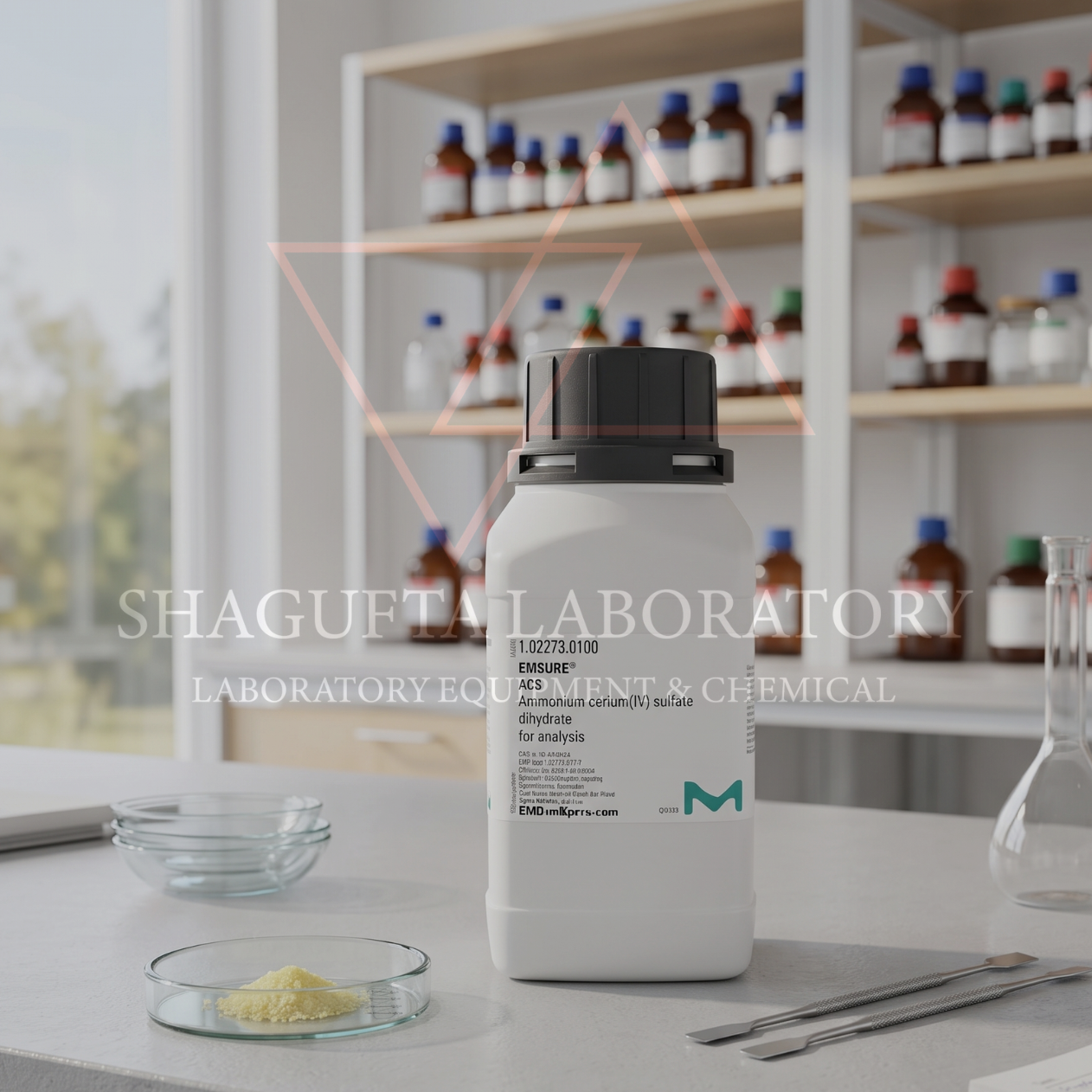 Ammonium Cerium(IV) Sulfate Dihydrate 100GR 102273 Grade for Analysis EMSURE® ACS – Ceric Ammonium Sulfate / Cerium(IV) Ammonium Sulfate / (NH₄)₄Ce(SO₄)₄·2H₂O | SHAGUFTA LABORATORY