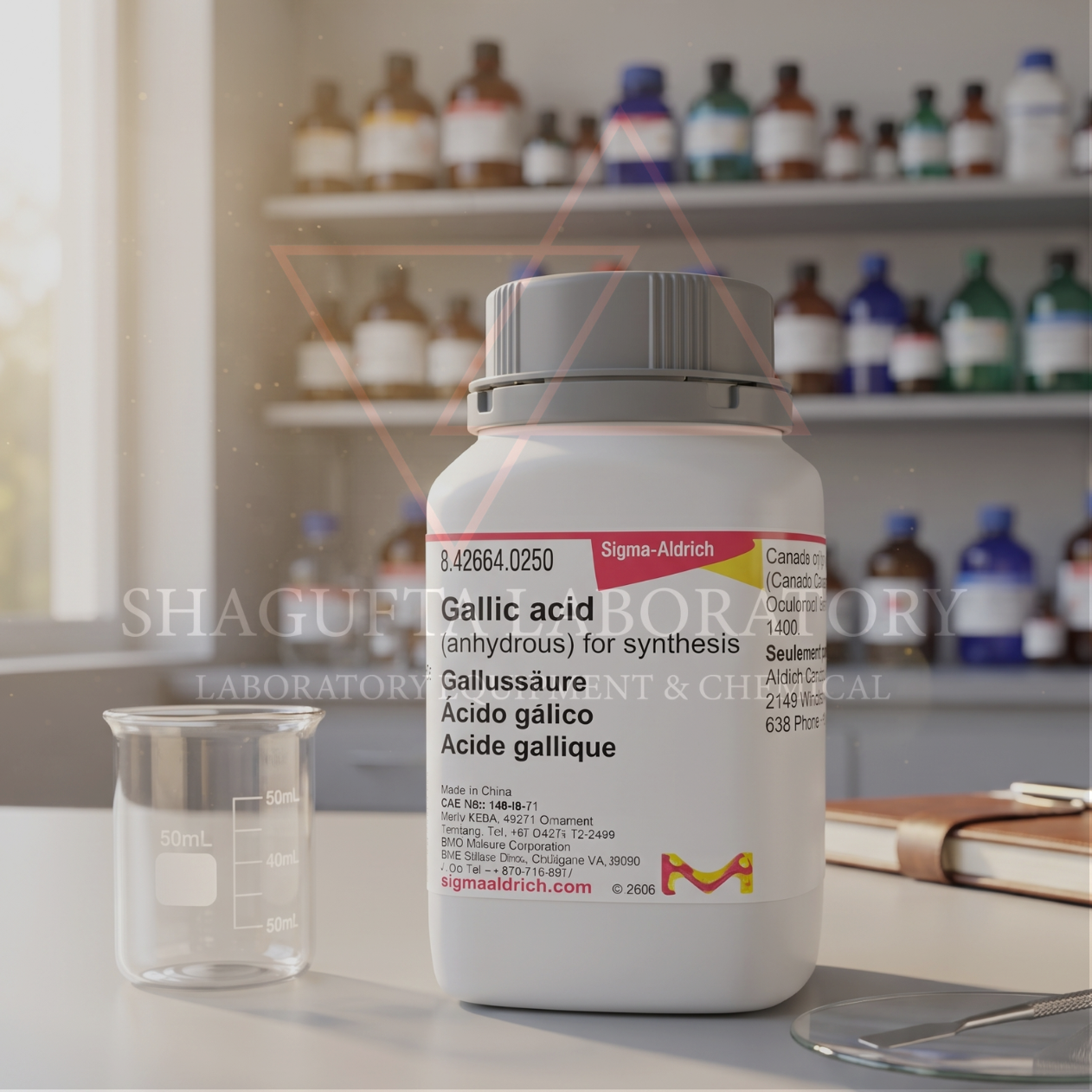 Merck 842649 Gallic Acid (Anhydrous) 250gr Grade for Synthesis – Asam Galat Anhidrat / 3,4,5-Trihydroxybenzoic Acid (C₇H₆O₅)